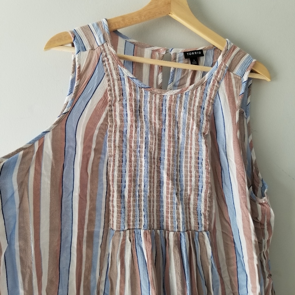 Torrid Blue Taupe Stripe Crinkled Gauze Smocked Tank Top - Picture 5 of 9